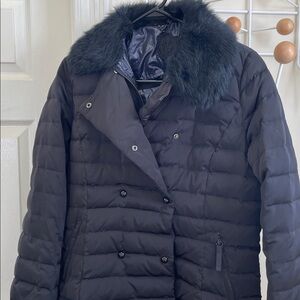 Massimo Dutti - Quiet Luxury Puffer Down Feather Jacket Faux Fur Trim Black - L